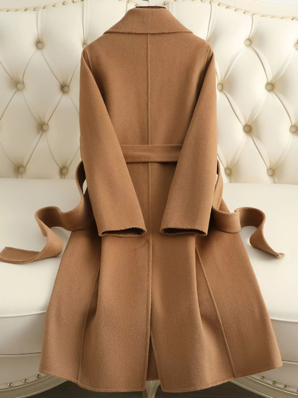 Longline Wool Coat with Waist-Defining Belt - Camel - View 3