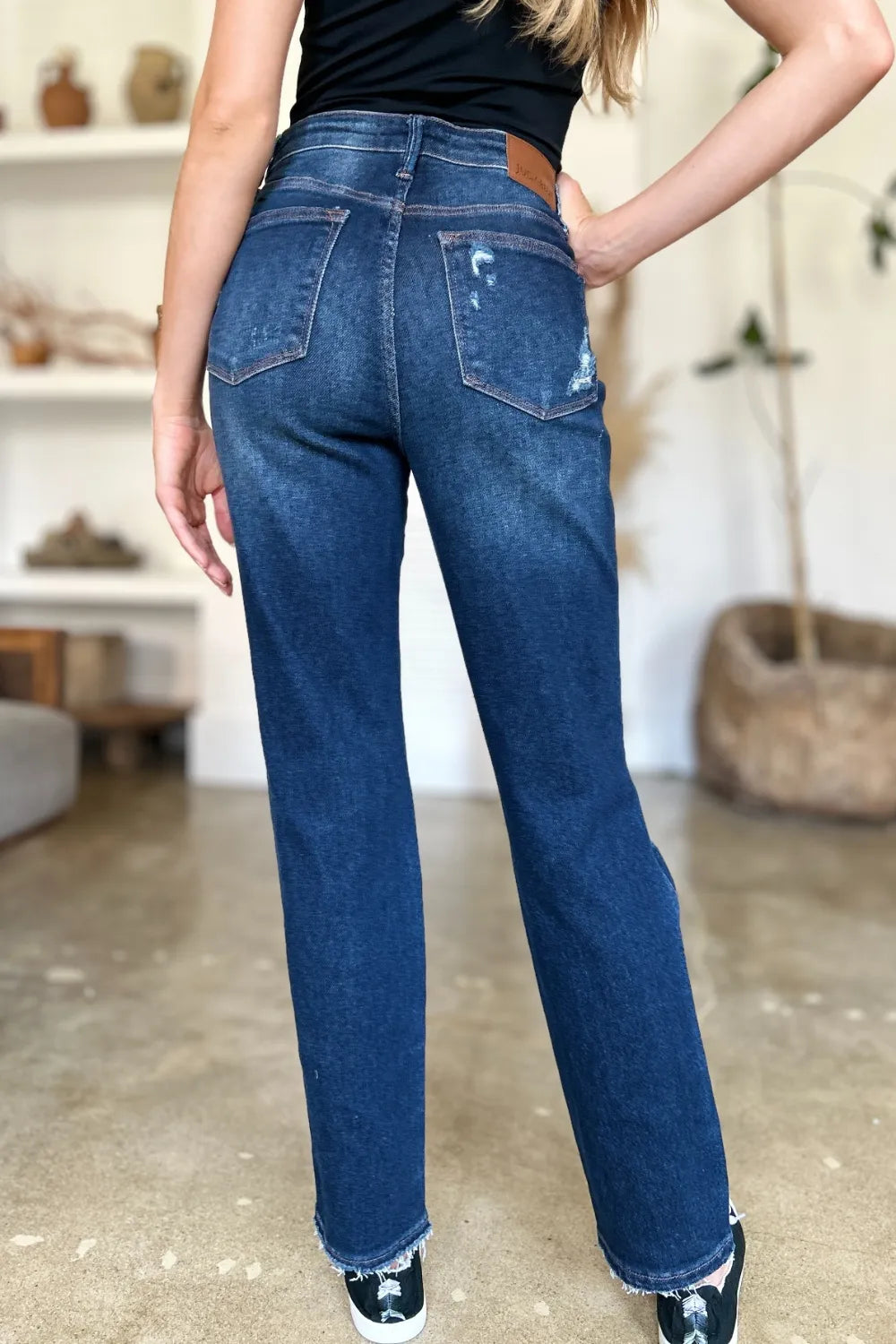 Judy Blue Full Size High Waist Rigid Magic Heavy Destroy Straight Jeans - Dark - View 9