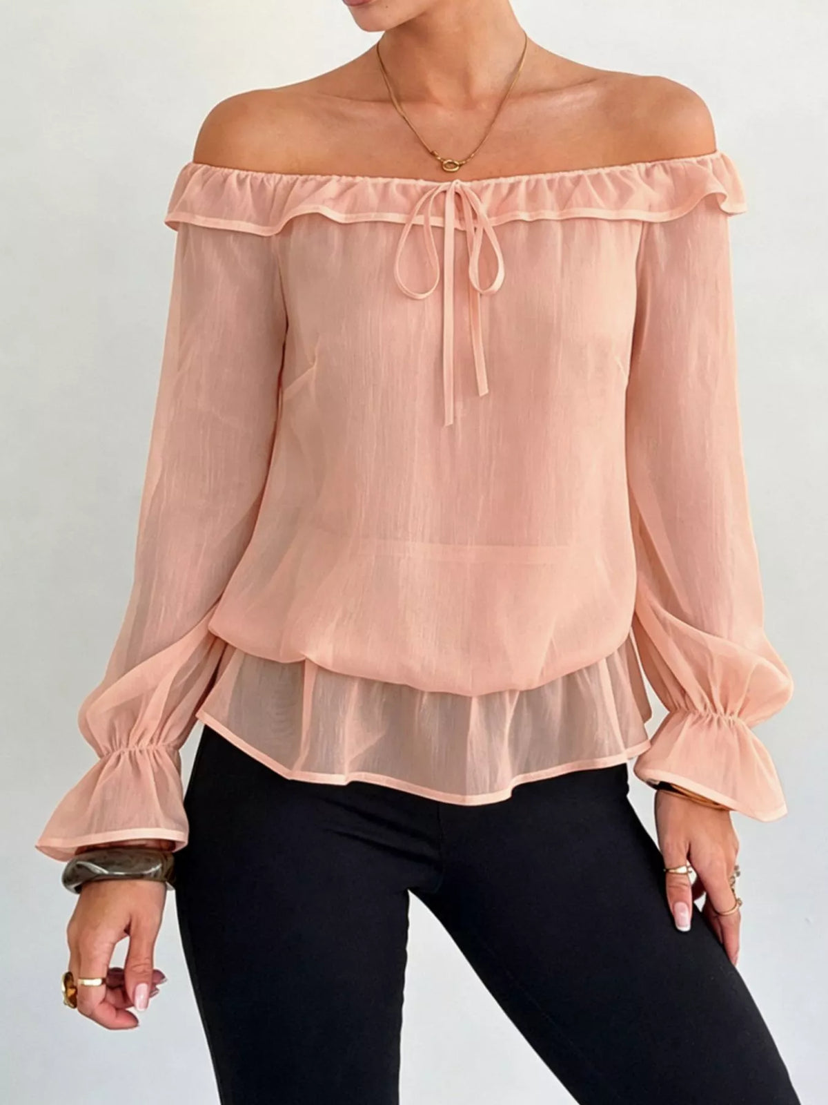 Off-Shoulder Flounce Sleeve Chiffon Blouse - Watermelon pink - View 2