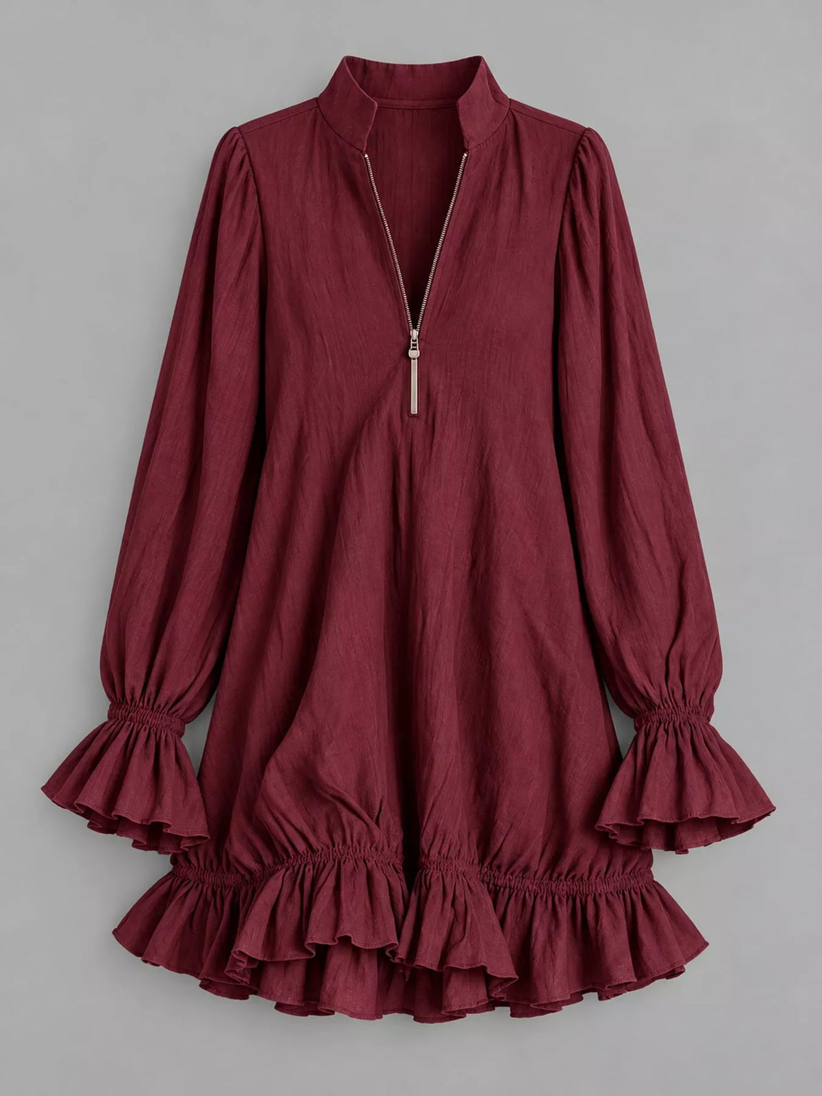 Zipper-Front Ruffle Hem Mini Dress - Burgundy - View 9