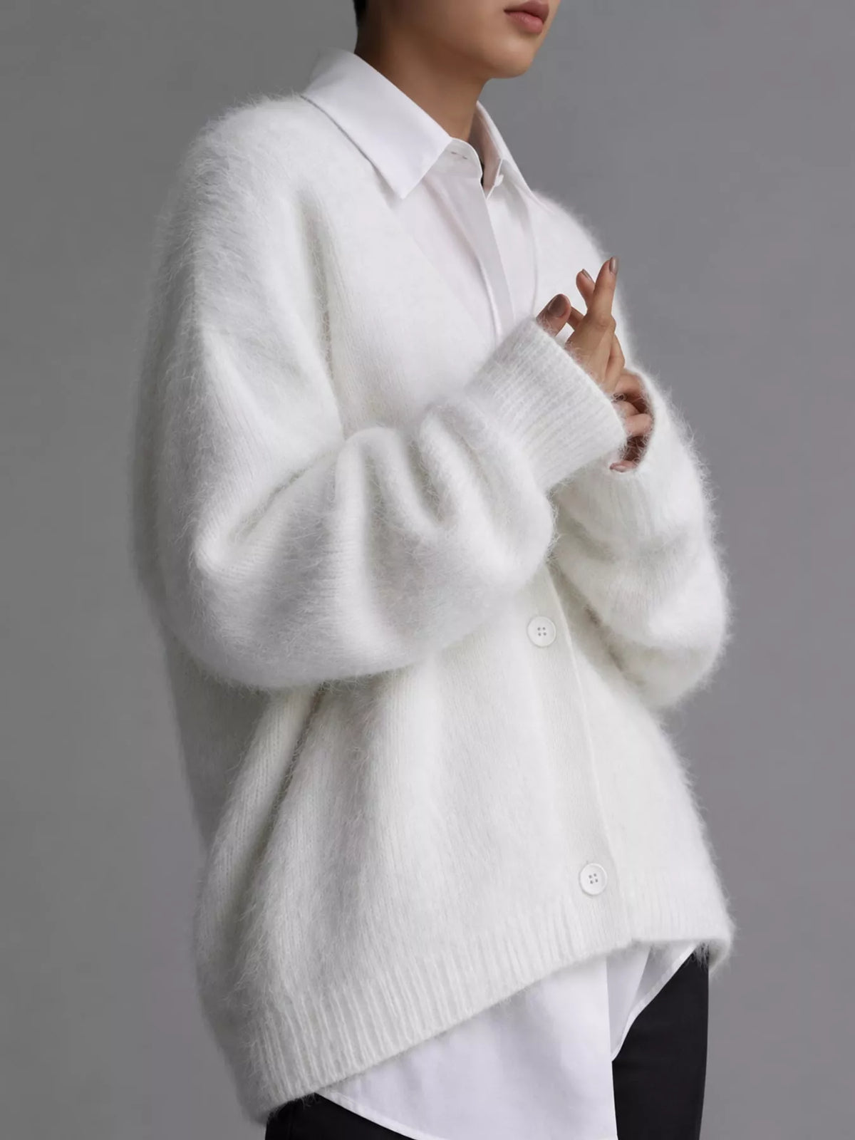 Fuzzy V-Neck Button-Down Cardigan - White - View 12