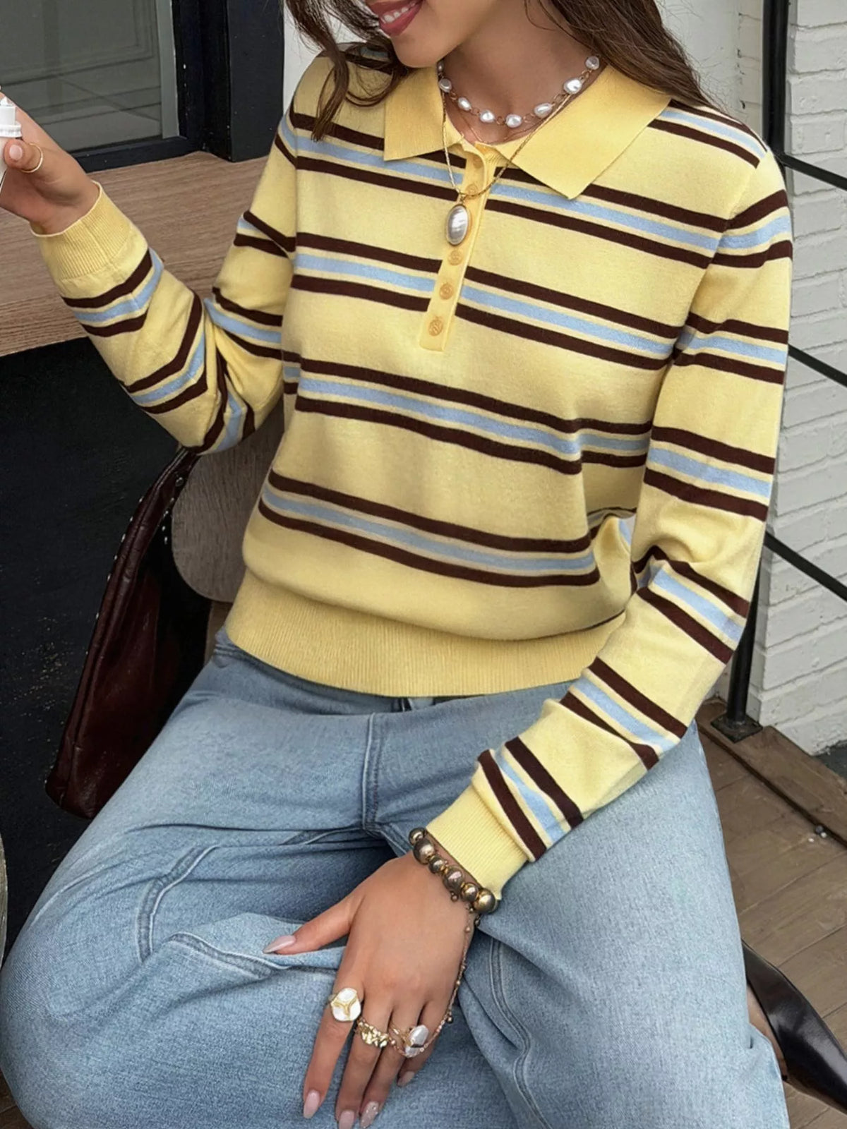 Striped Polo Collar Knit Top - Colorful Stripes - View 3