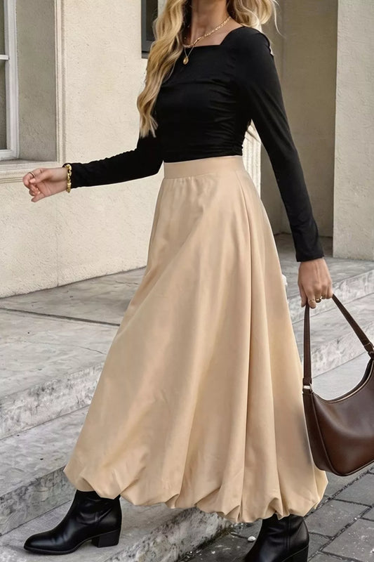 High-Waisted A-Line Midi Skirt - Tan - View 1