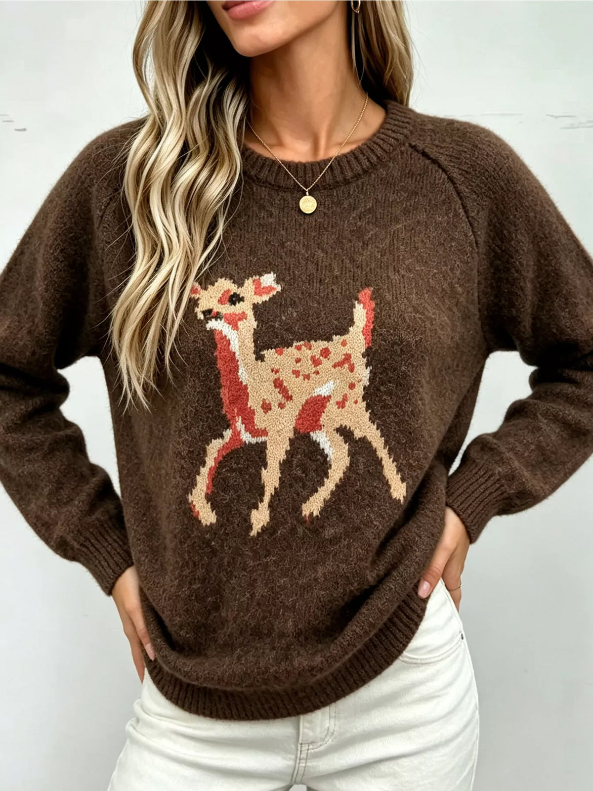 Deer Pattern Raglan Sleeve Sweater - Brown - View 3