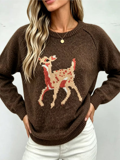 Deer Pattern Raglan Sleeve Sweater - Brown - View 3