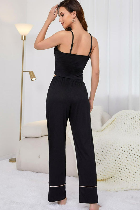 Contrast Trim Cropped Cami and Pants Loungewear Set - Black - View 2