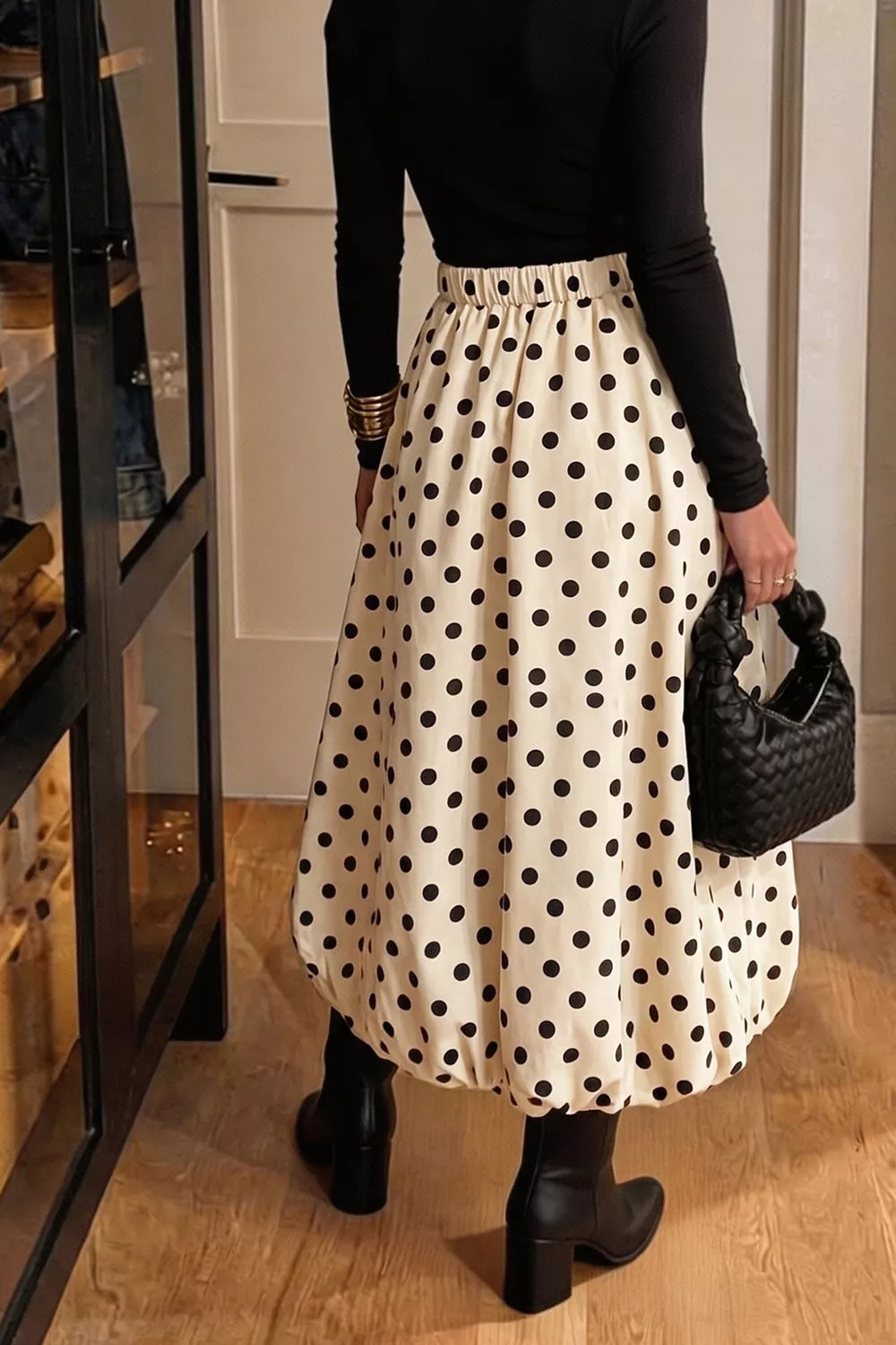 Polka Dot Bubble Hem Midi Skirt - Beige - View 2
