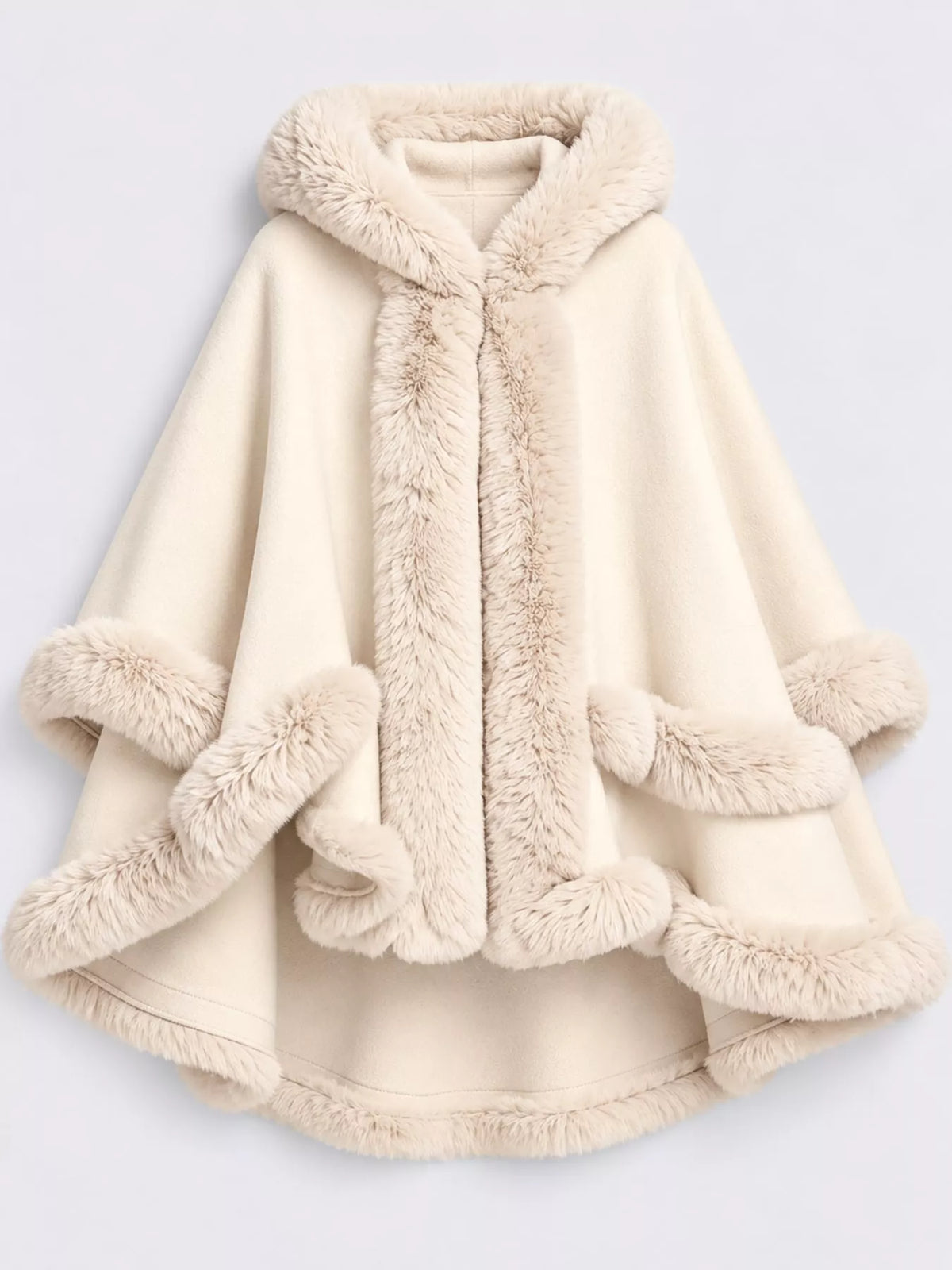 Faux Fur Trimmed Hooded Cape - Beige - View 27