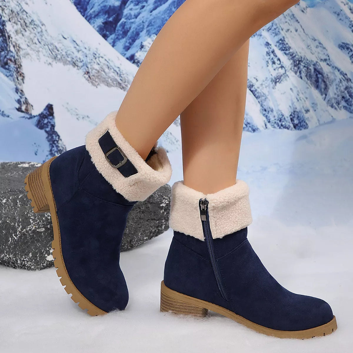 Round Toe Block Heels Boots - Blue - View 8