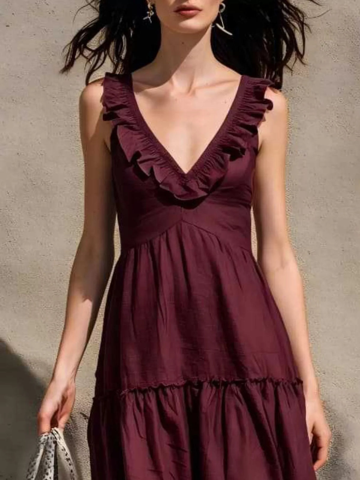 Full Size Ruffled V-Neck Tiered Midi Dress Plus Size - Burgundy - View 2