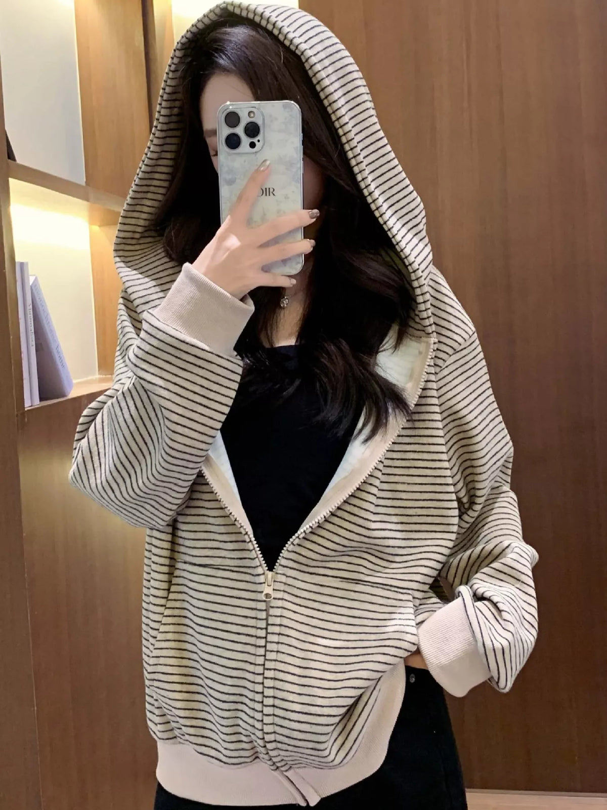 Striped Zip-Up Hoodie - Apricot - View 1