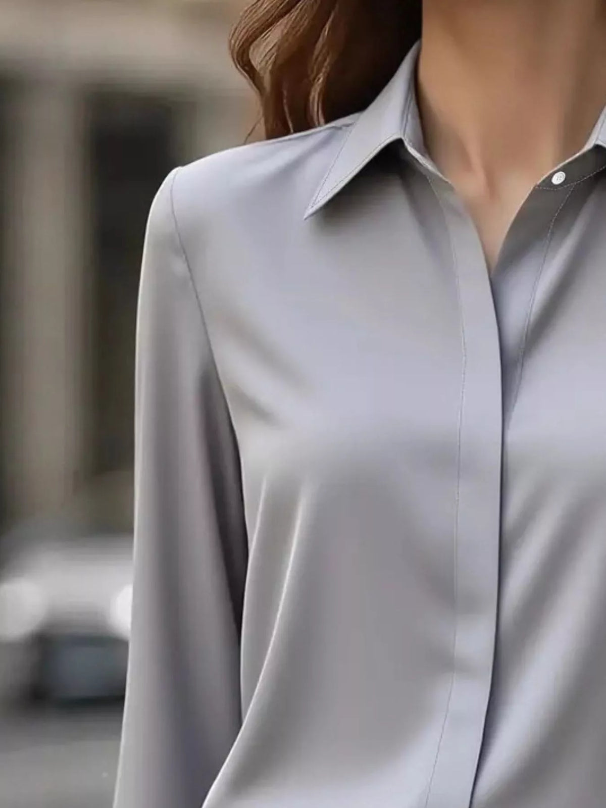 Button Down Collared Neck Long Sleeve Shirt - Gray - View 11