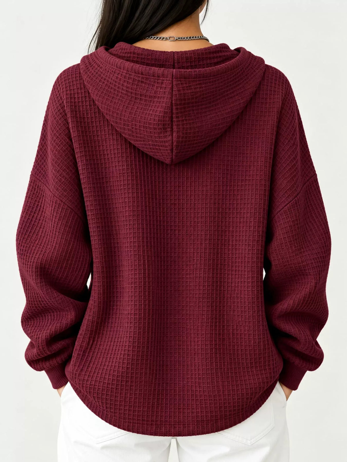 Full Size Waffle Knit Button Detail Hoodie Plus Size - Wine Red - View 27