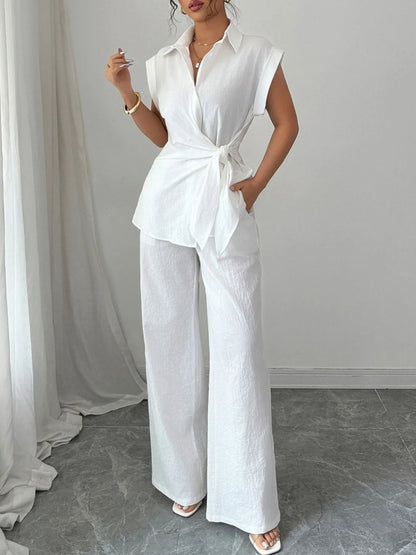 Collared Neck Cap Sleeve Top and Pants Set - Off-white - View 2