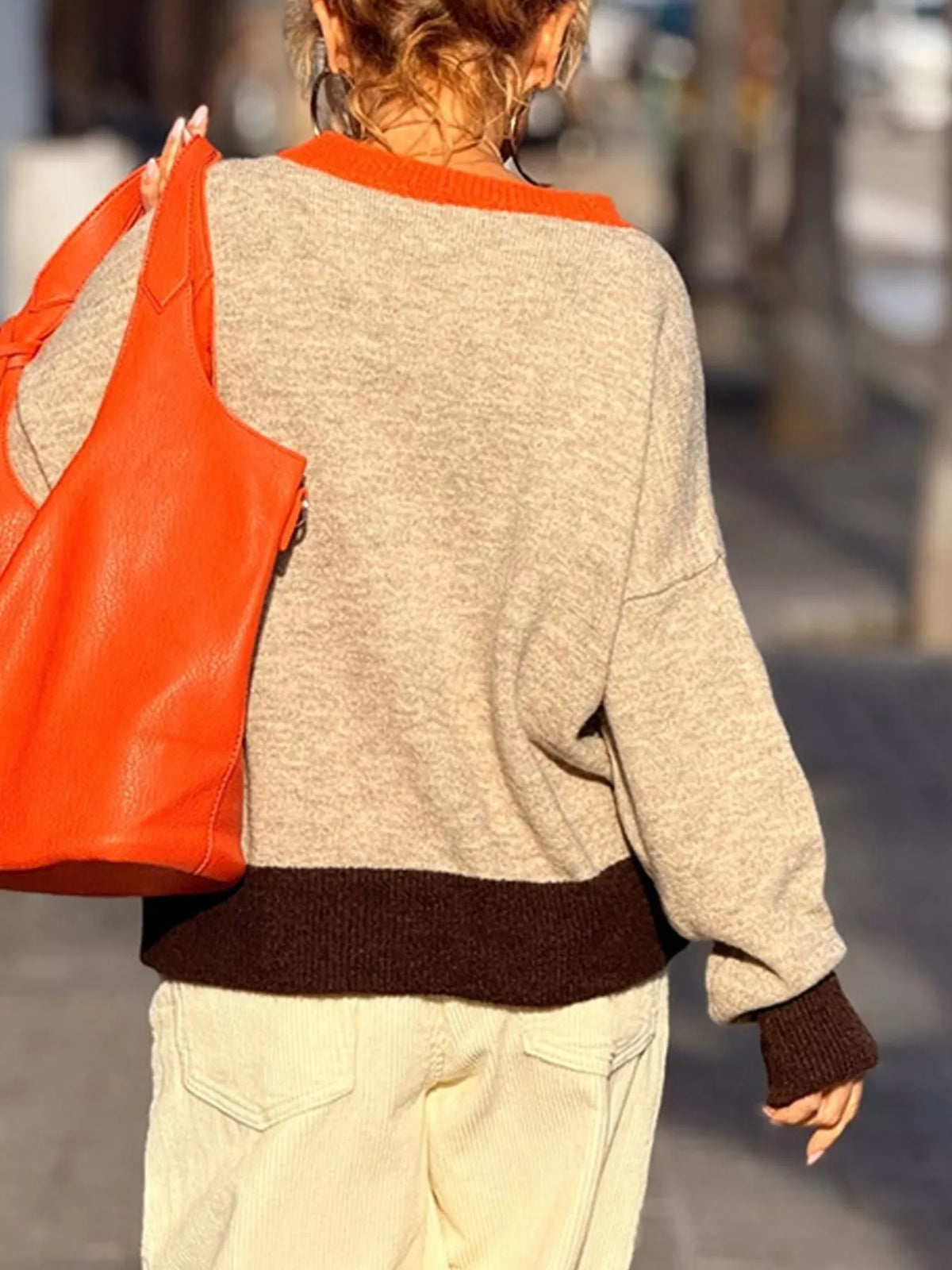 Contrast Trim Crew Neck Sweater - Orange - View 4