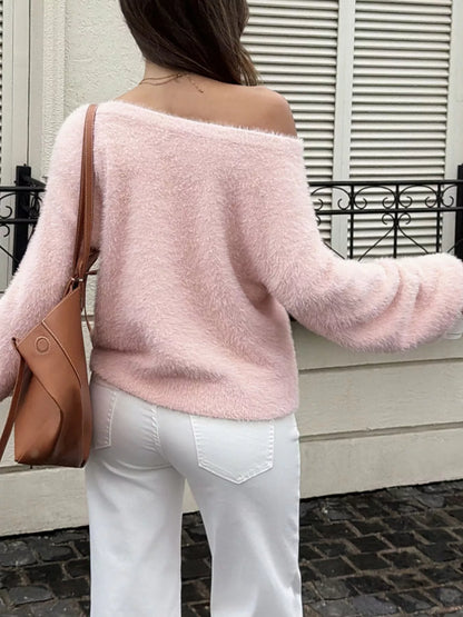 Fuzzy Boat Neck Sweater - Pink - View 5