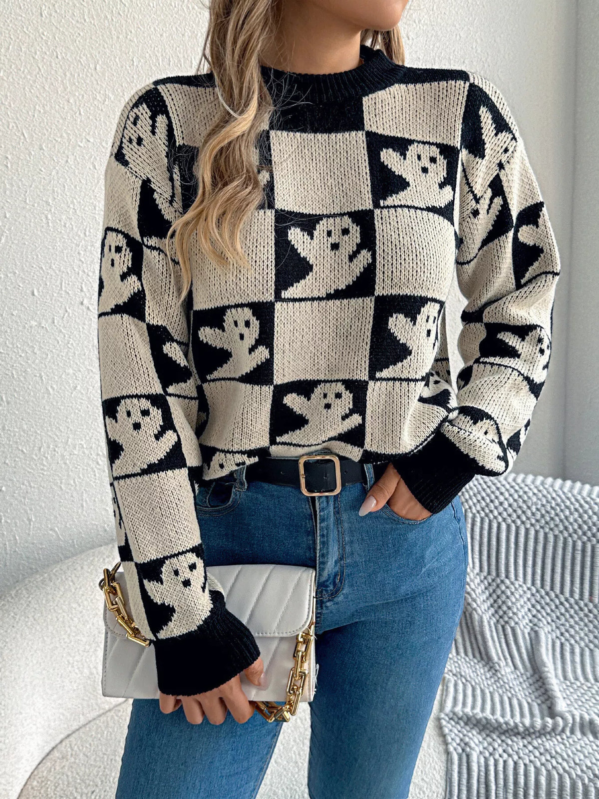 Checkerboard Halloween Graphic Sweater - Beige - View 7