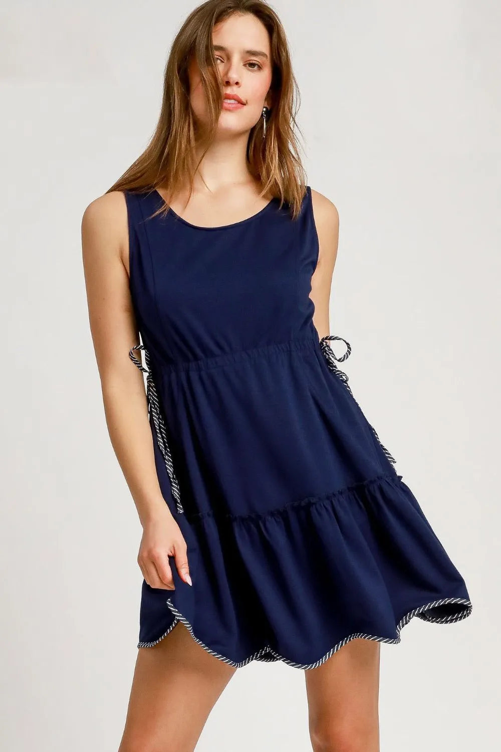 Umgee Frill Drawstring Waist Round Neck Mini Tank Dress - Dark Navy - View 1