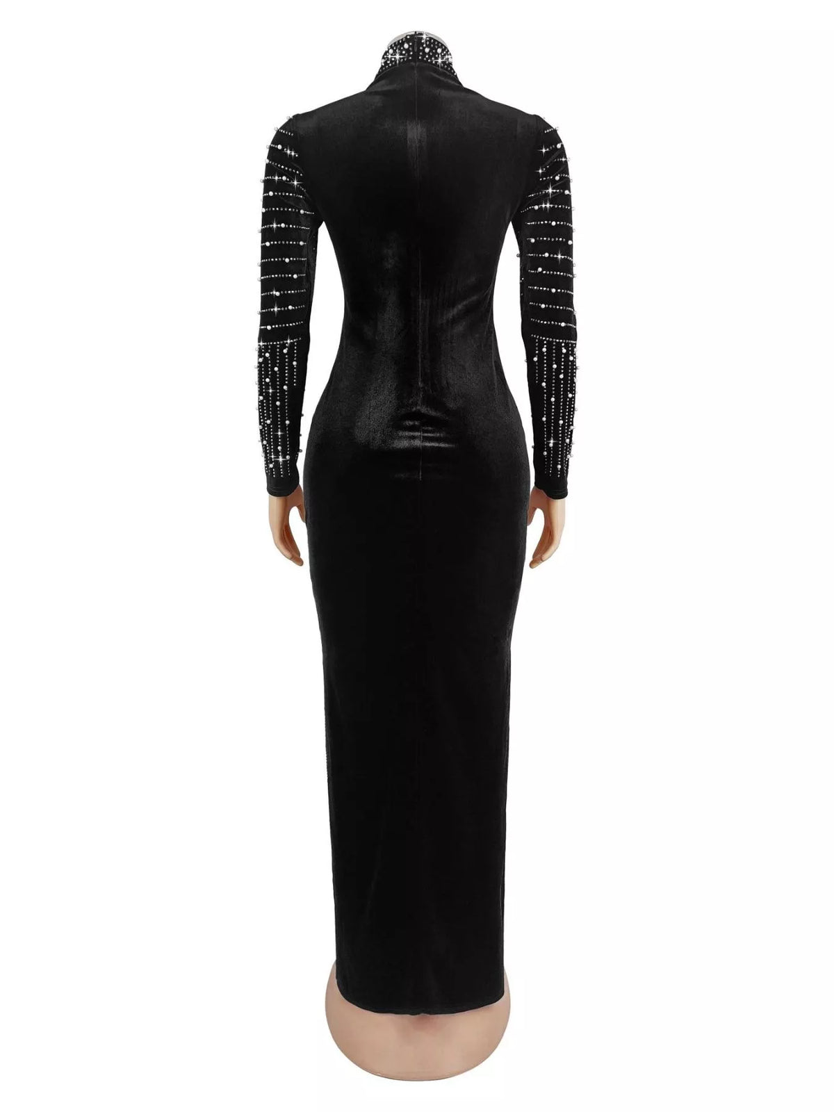 Rhinestone Embellished Mock Neck Long Sleeve Maxi Dress - Black - View 4