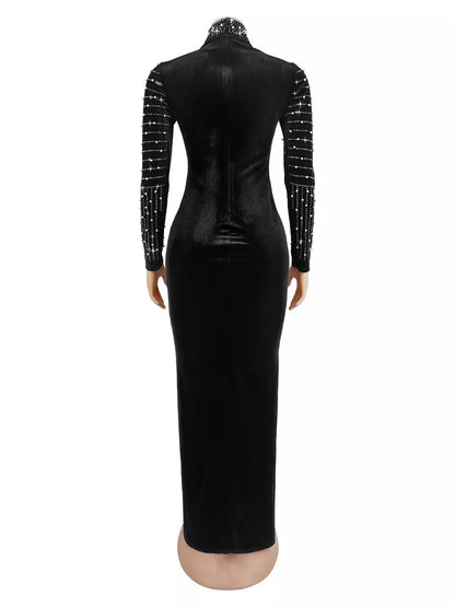 Rhinestone Embellished Mock Neck Long Sleeve Maxi Dress - Black - View 4