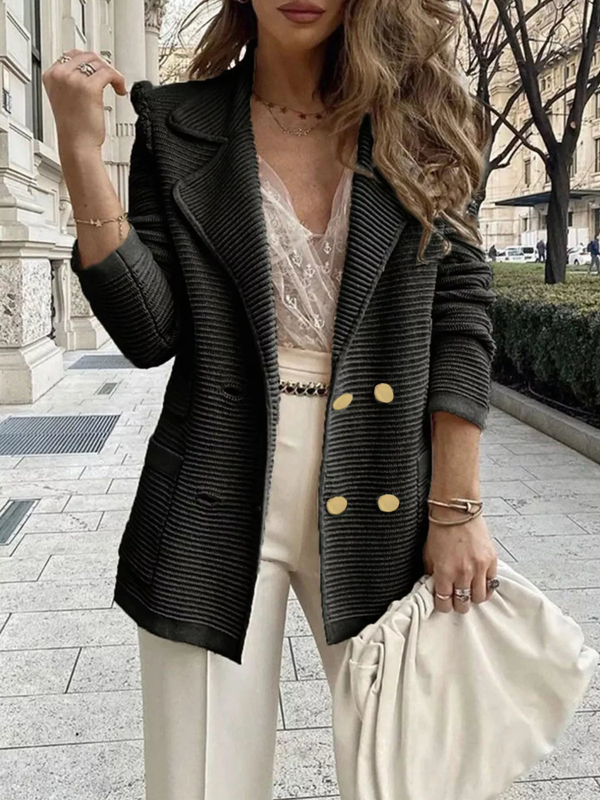 Texture Knit Double-Breasted Blazer - Black - View 13