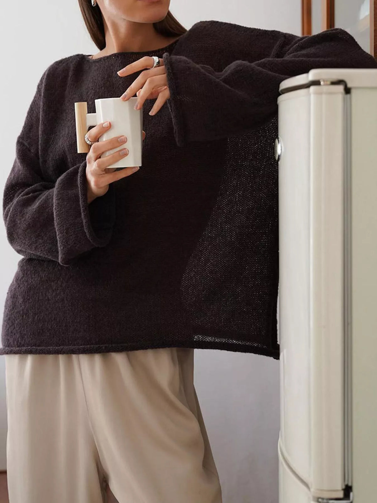 Lightweight Dropped Shoulder Knit Cover Up - Brown - View 6