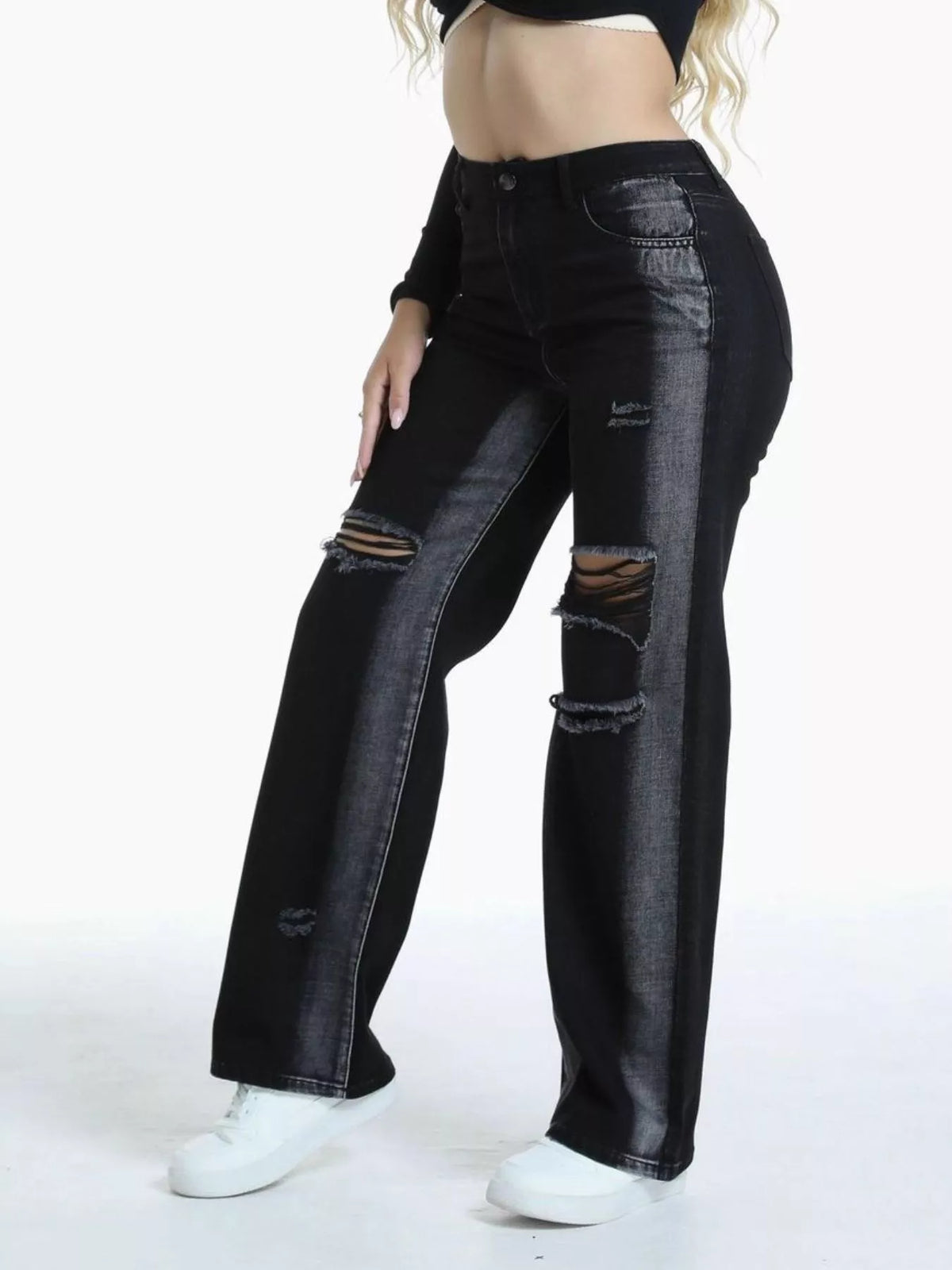 Distressed Wide-Leg Jeans - Black - View 6