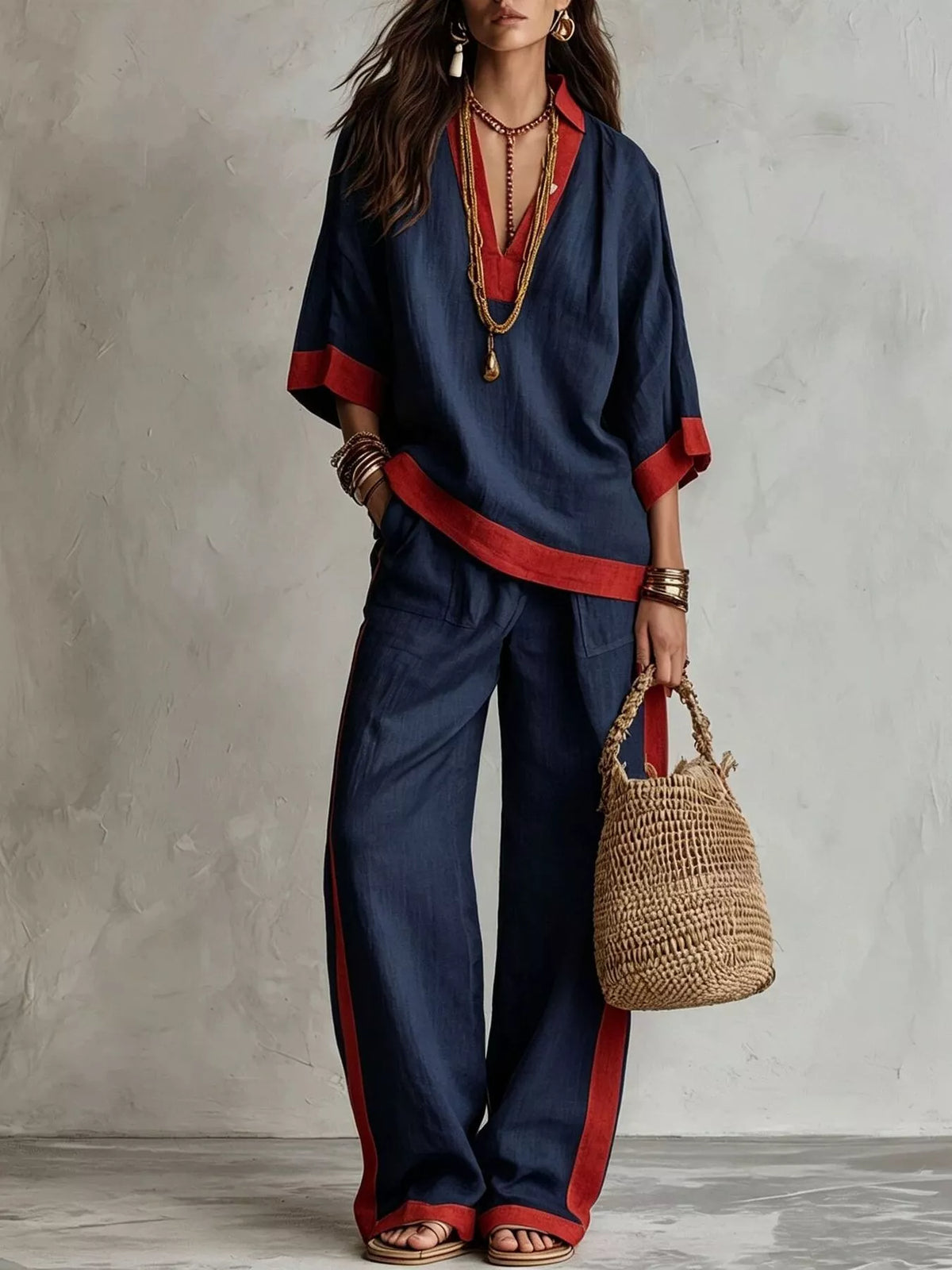 Full Size Contrast Trim Top and Wide Leg Pants Set Plus Size - Navy - View 1