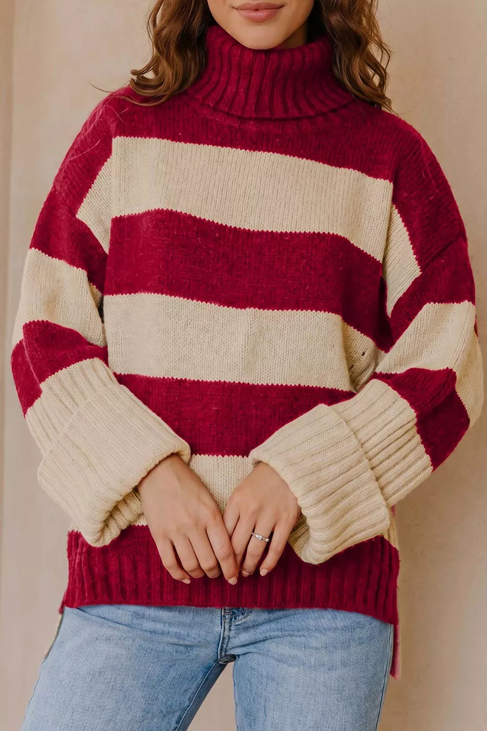 Stripe Ribbed Trim High Neck Relaxed Pullover Sweater - Burgundy - View 4