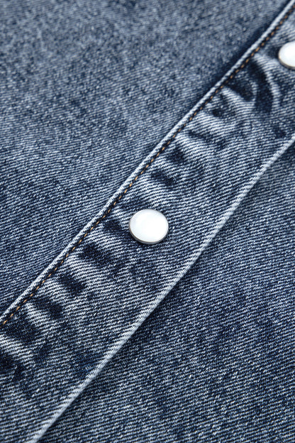 Ashleigh Blue Solid Denim Button Front Pocket Sleeveless Cowboy Vest - Ashleigh Blue - 14