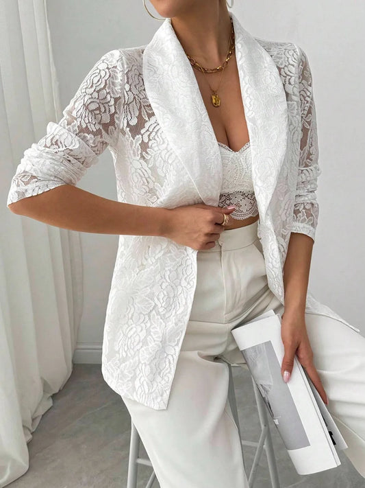 Lace Lapel Collar Long Sleeve Blazer - White - View 1