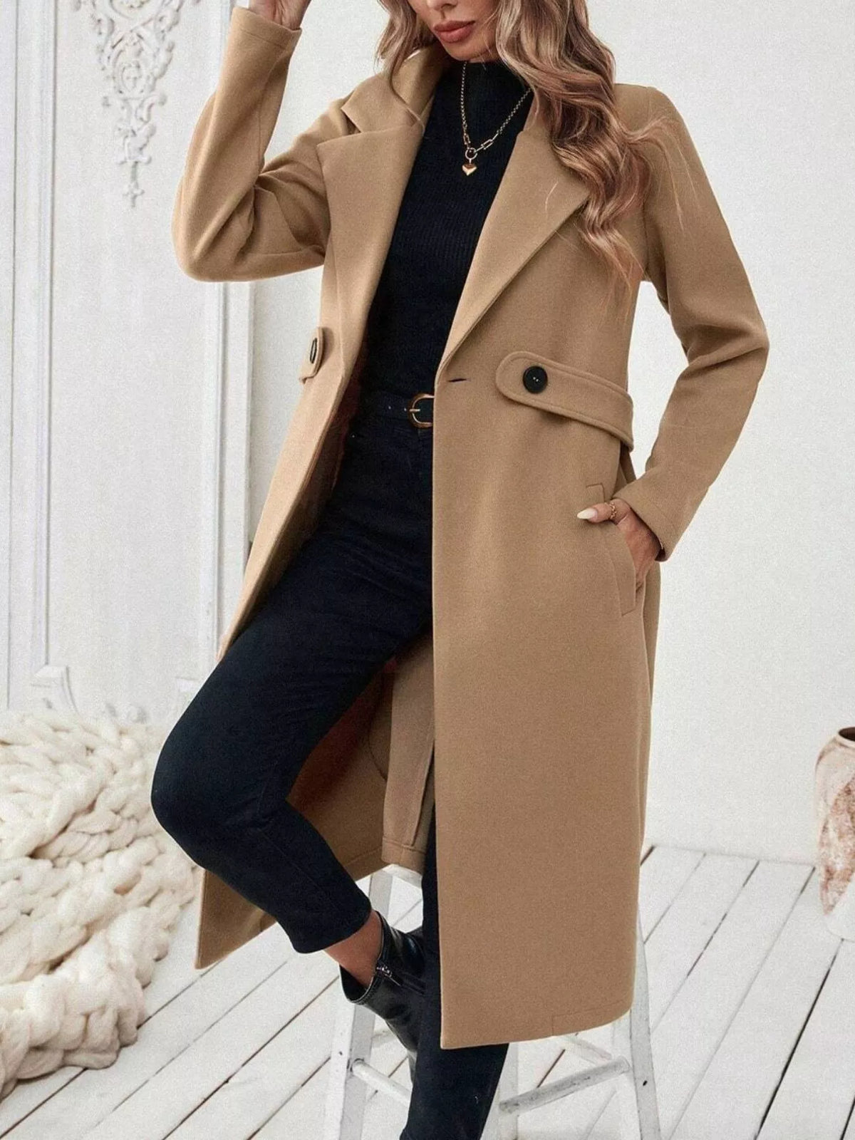 Lapel Collar Longline Coat - Camel - View 3
