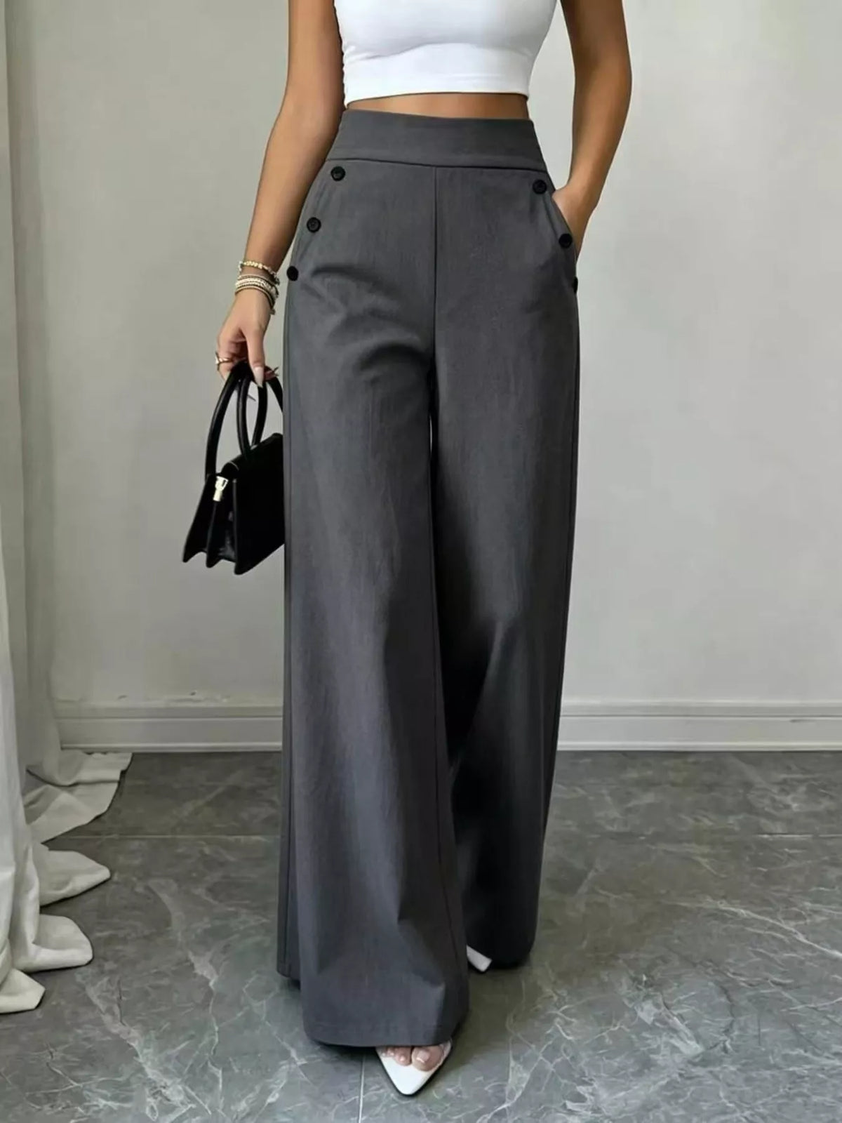 High-Waisted Wide-Leg Pants - Gray - View 11