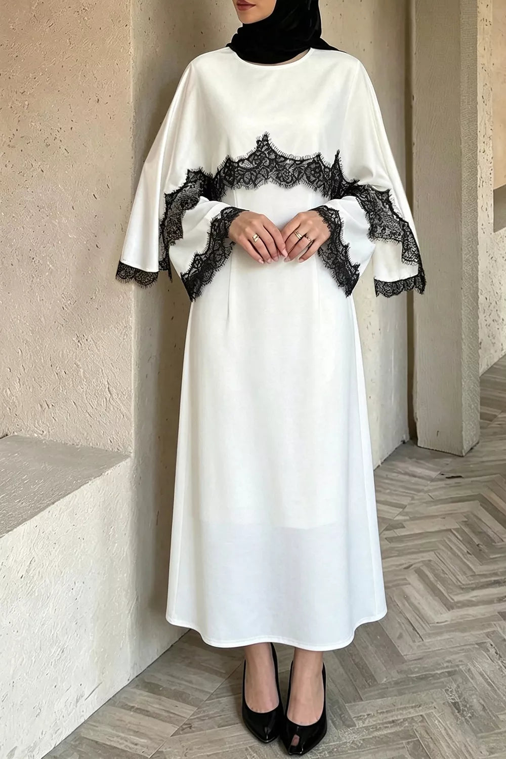 Lace Trim Round Neck Midi Dress - White - View 5