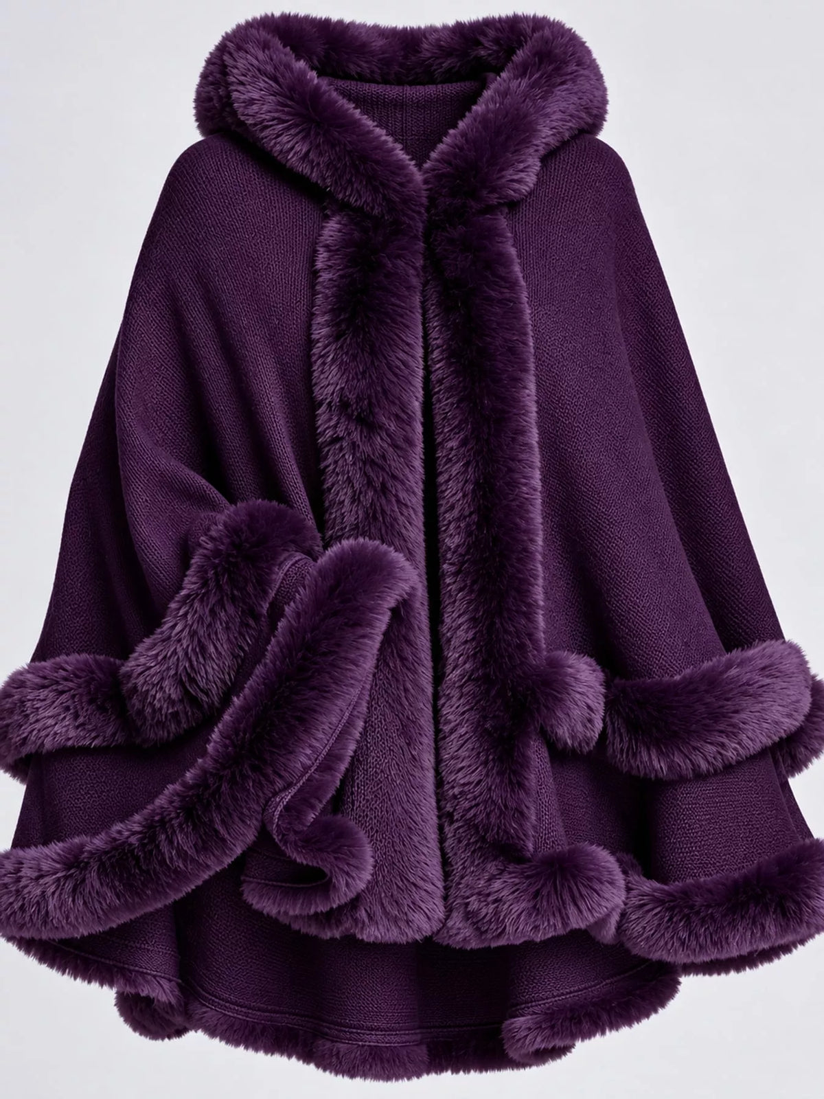 Faux Fur Trimmed Hooded Cape - Purple - View 38