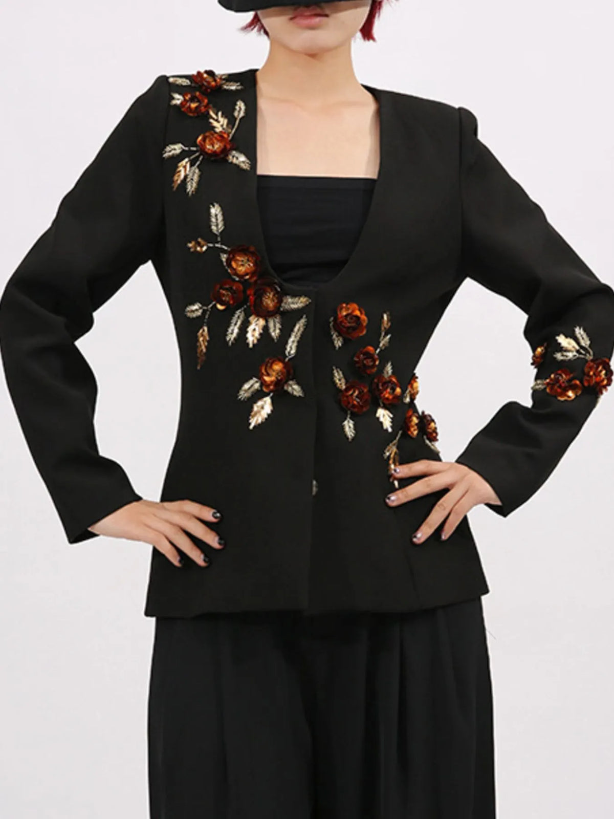 Embroidered Long Sleeve Blazer - Black - View 5