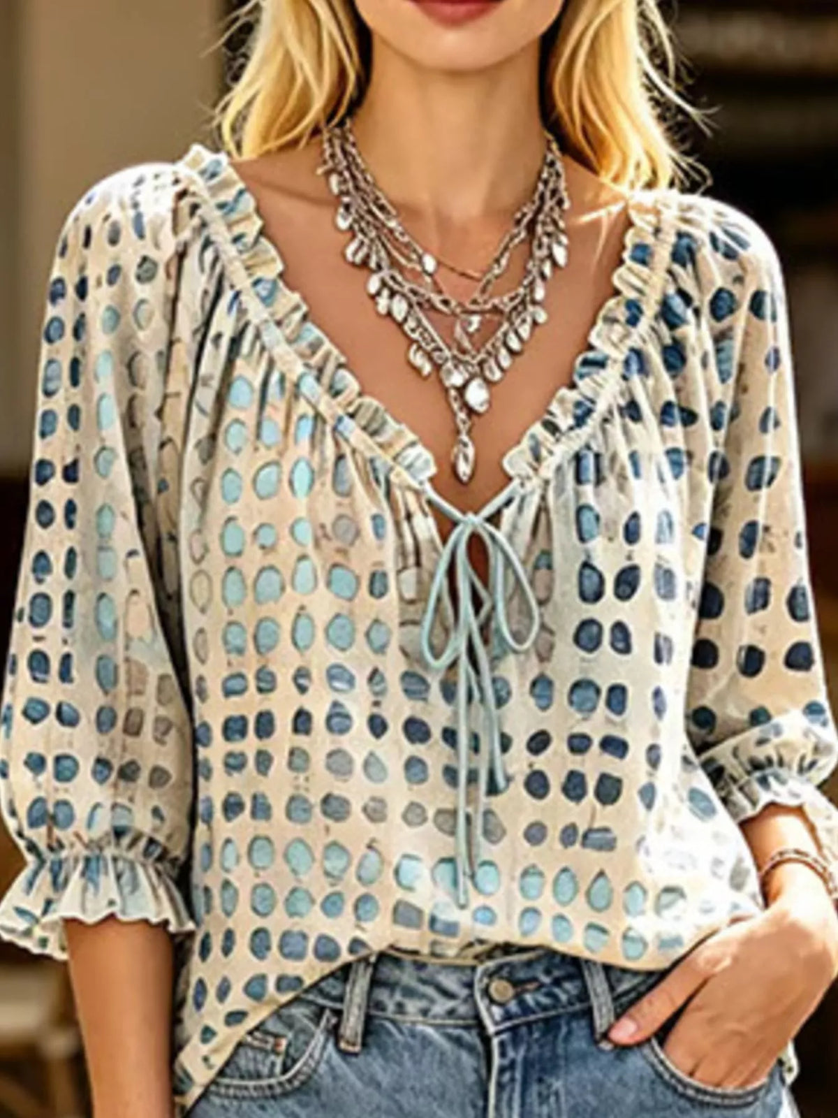 Full Size Tie Neck 3/4 Sleeve Blouse Plus Size - Beige - View 3