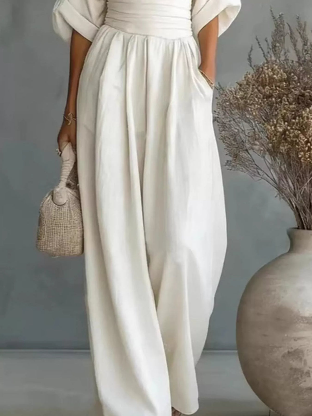 Full Size Half Sleeve Wide-Leg Jumpsuit Plus Size - White - View 3