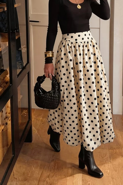 Polka Dot Bubble Hem Midi Skirt - Beige - View 3