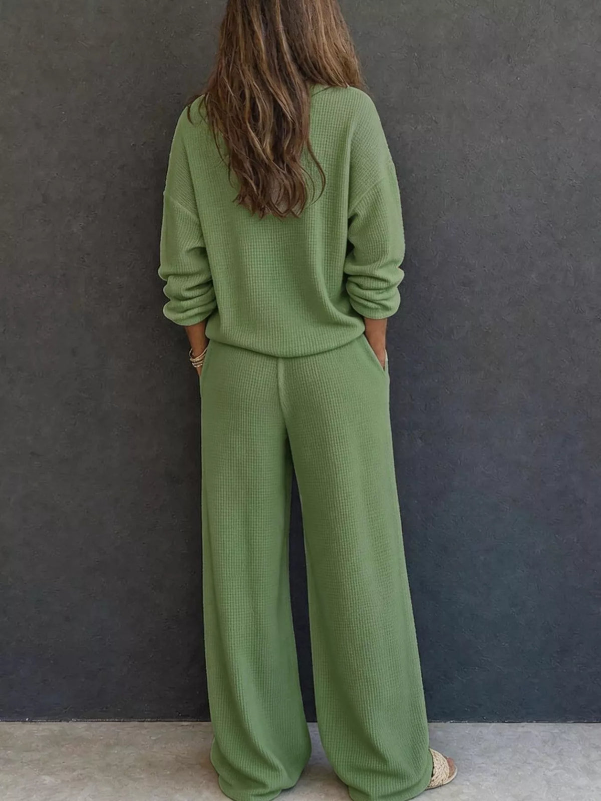Waffle Knit Henley Top and Wide Leg Pants Set - Matcha Green - View 15