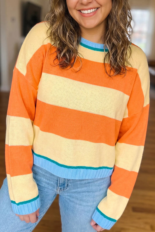 Plus Size Striped Color Block Round Neck Long Sleeve Oversized Sweater - Tangerine - View 1