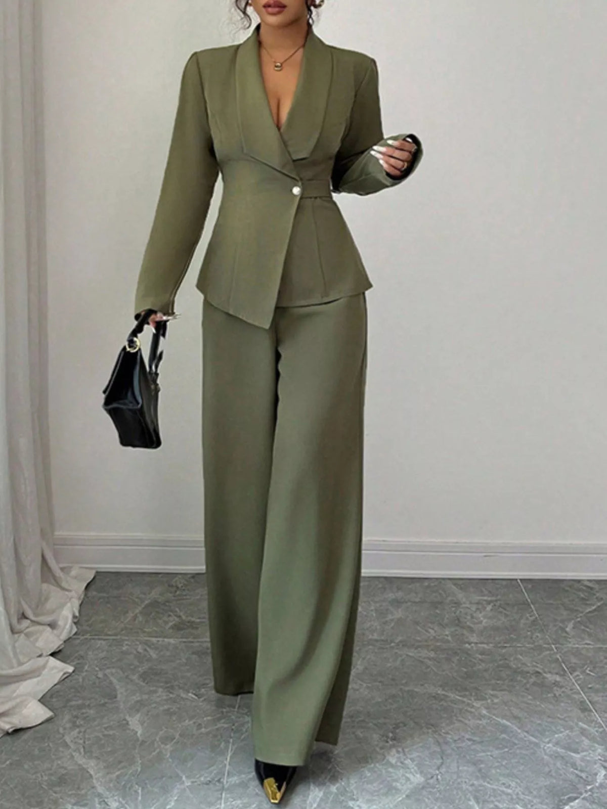 One Button Blazer and Pants Set - Green - View 11