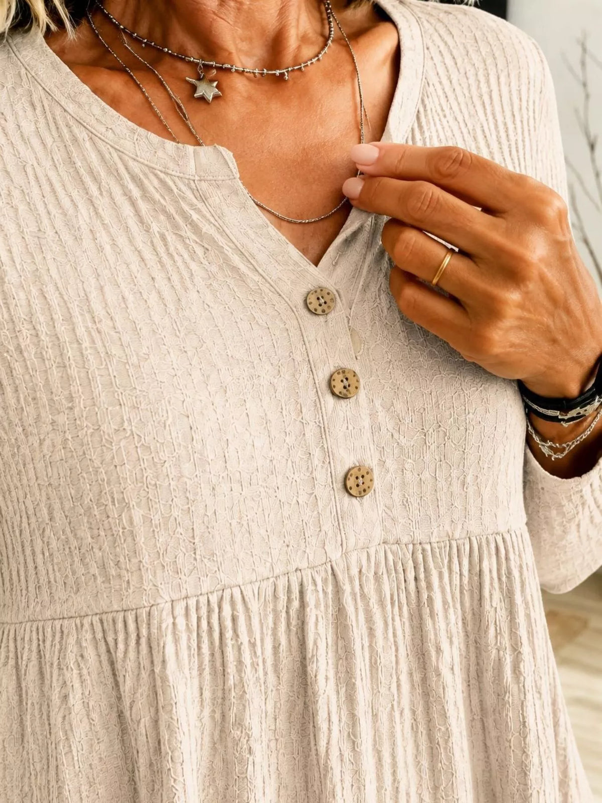 Button Detail Knitted Casual Top - Apricot - View 2