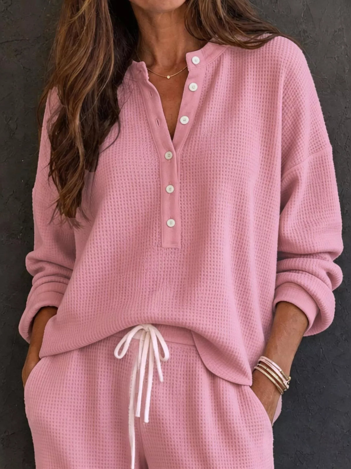 Waffle Knit Henley Top and Wide Leg Pants Set - Dusty Pink - View 5