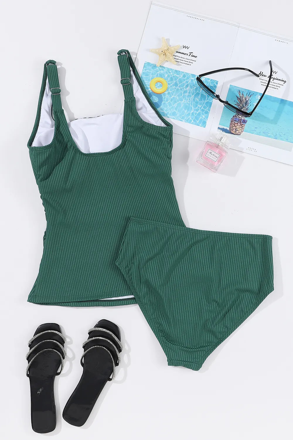 Square Neck Wide Strap Tankini Set - Dark Green - View 7