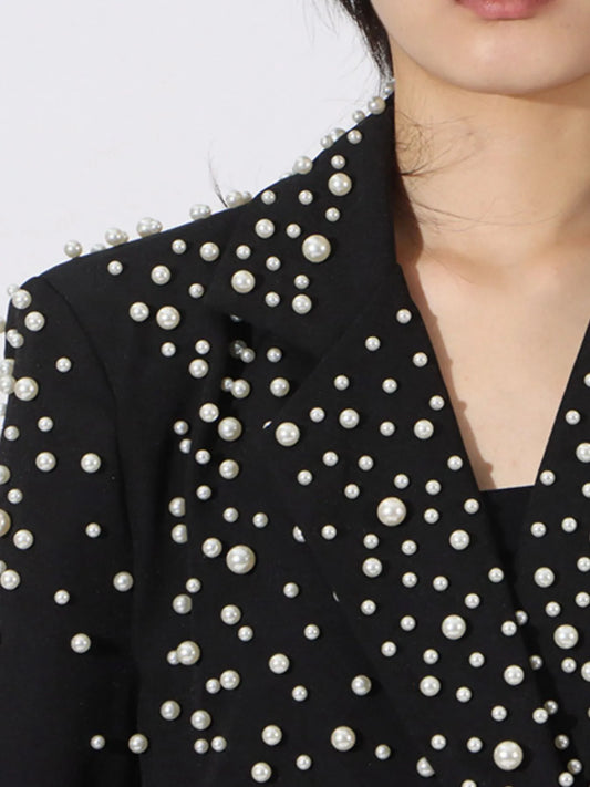 Pearl Embellished Double-Breasted Blazer - Black - View 2