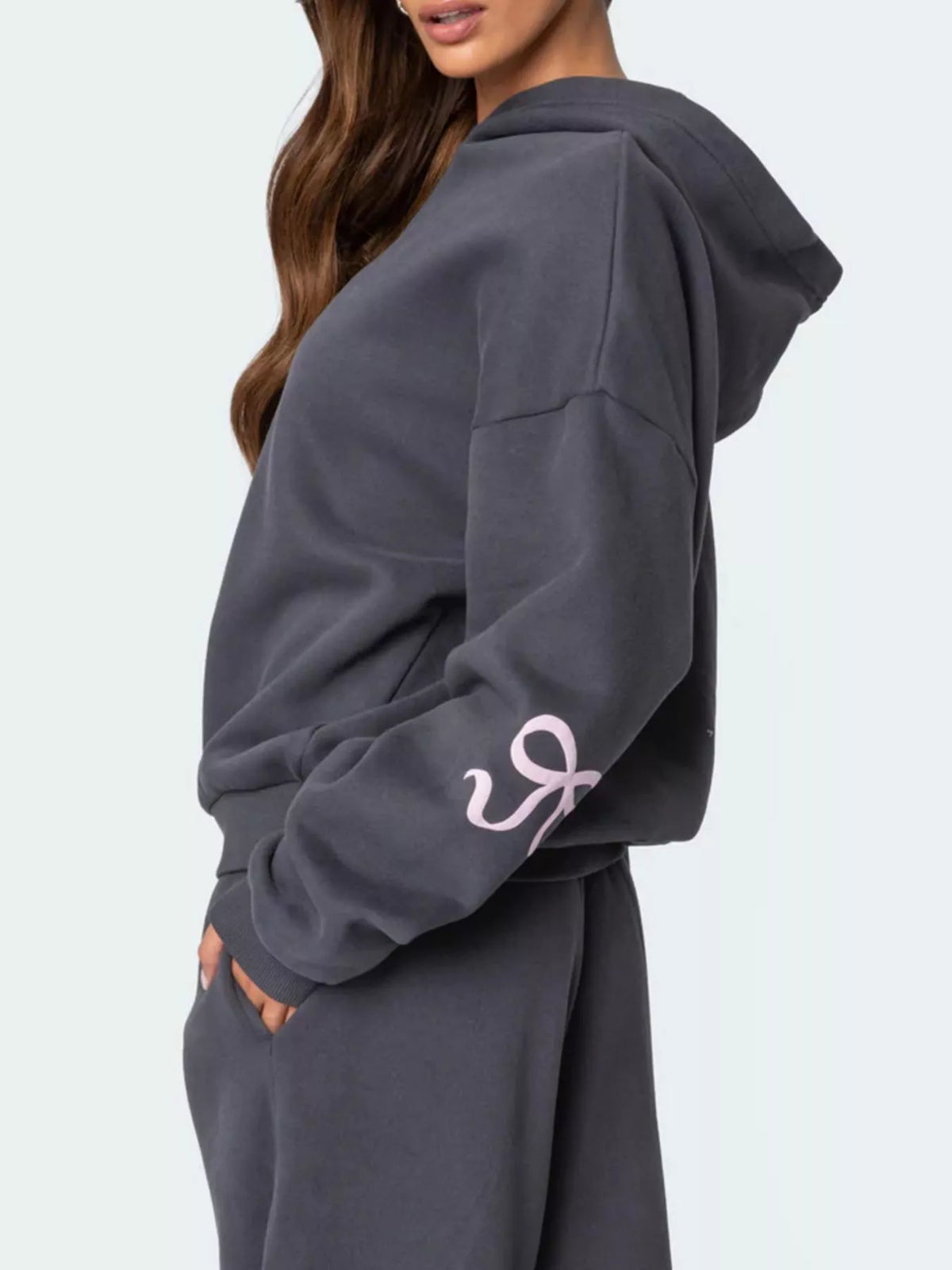 Bow and Heart Dropped Shoulder Hoodie and Pants Set - Grey - View 3