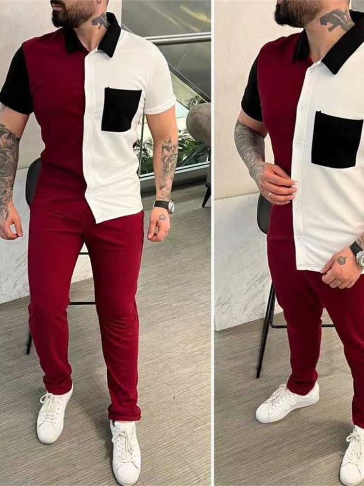 Color blocked men's shirt short sleeved pants casual sports suit