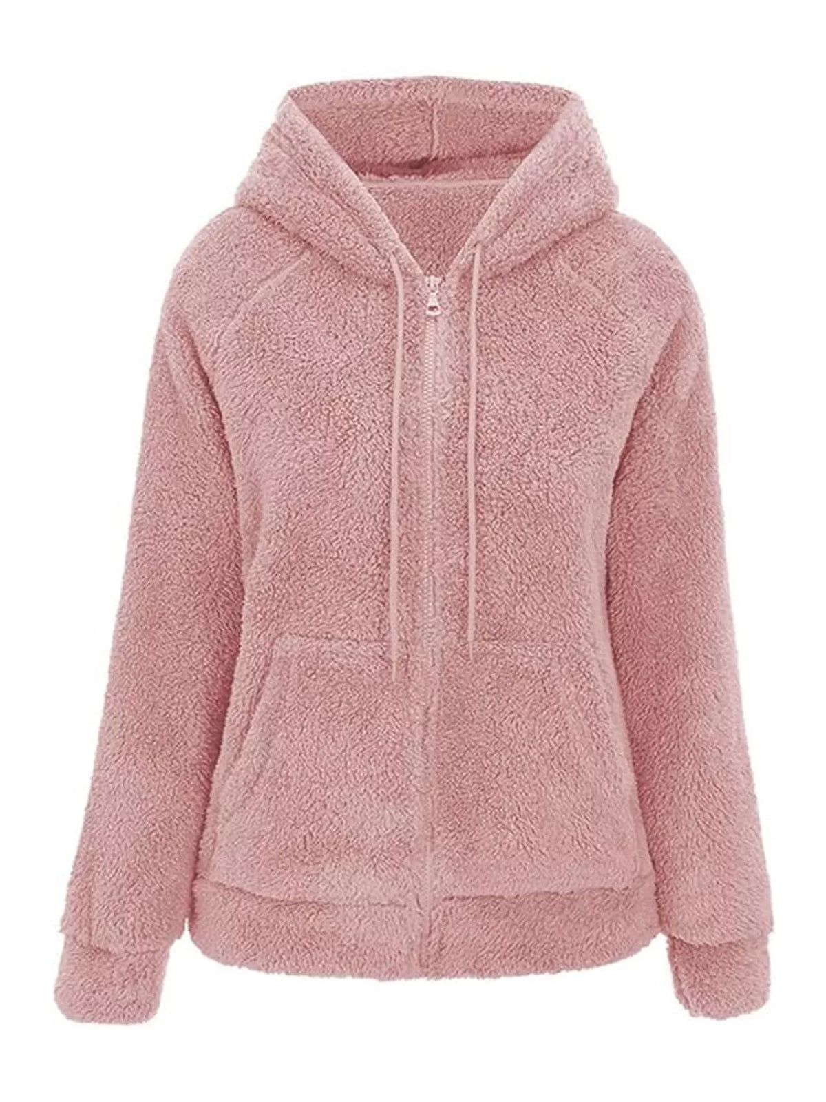 Drawstring Sherpa Zip-Up Hoodie - Peach - View 10