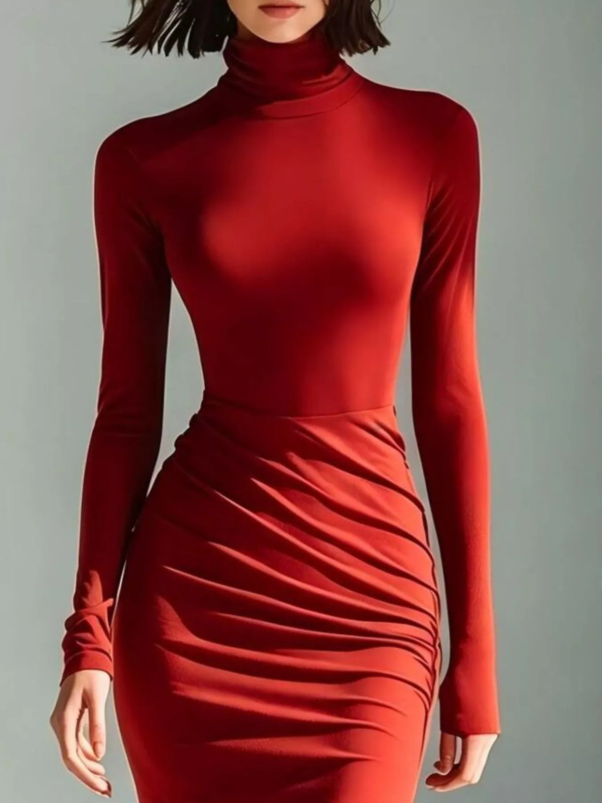 Full Size Slit Turtleneck Ruched Bodycon Mermaid Dress Plus Size - Red - View 2